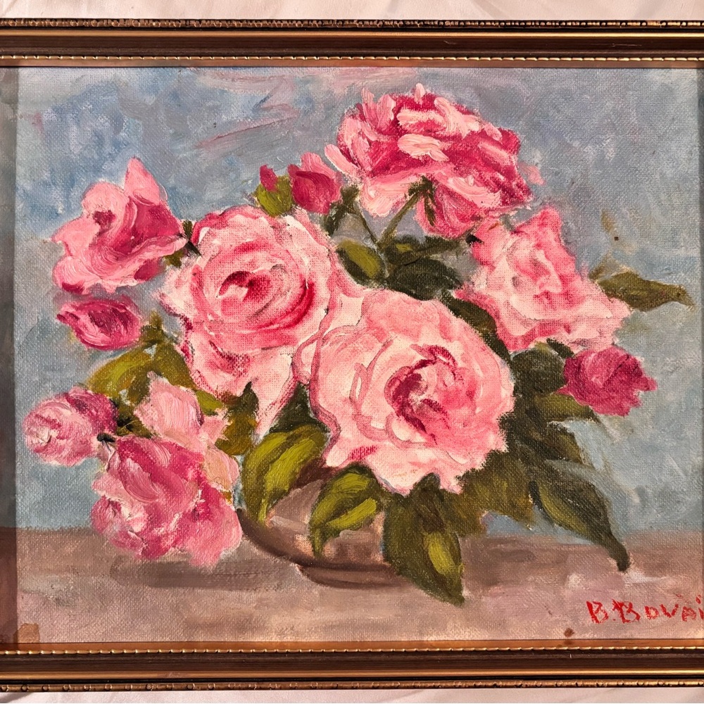 SOLD - Vintage signed pink floral rose painting
